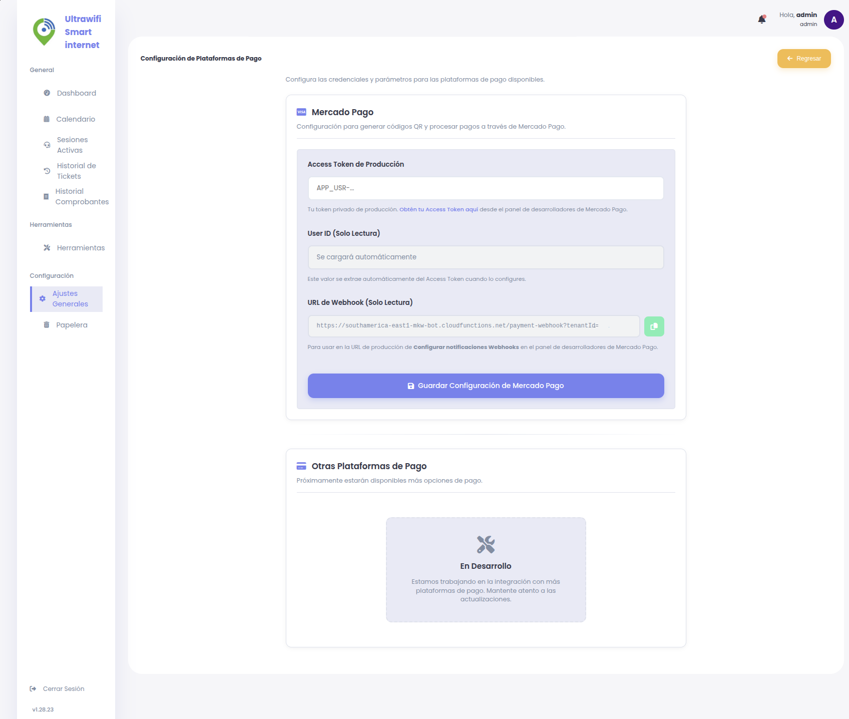 Ir a bot, configurar mercado pago pegas acces token y copiar url webhook de boton copiar y guardar configuracion